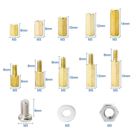 Coffret 910 manchons hexagonaux + vis + rondelles + écrous - Ø 3 mm