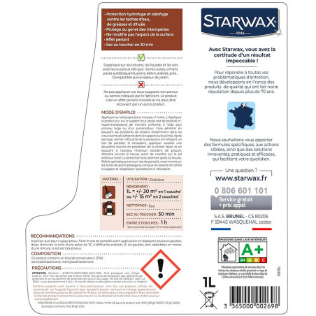 Imperméabilisant eau et graisses pour toitures, murs et sols extérieurs Starwax 1L