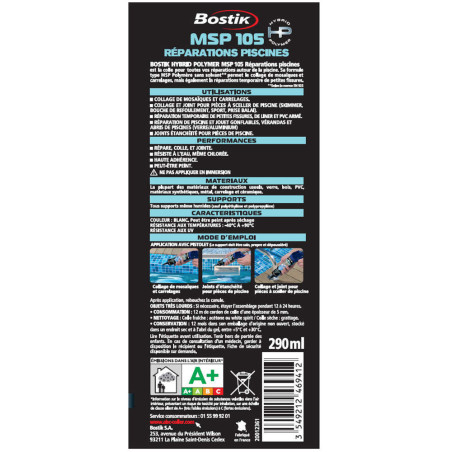 Mastic réparation piscine MSP 105 Bostik 290ml