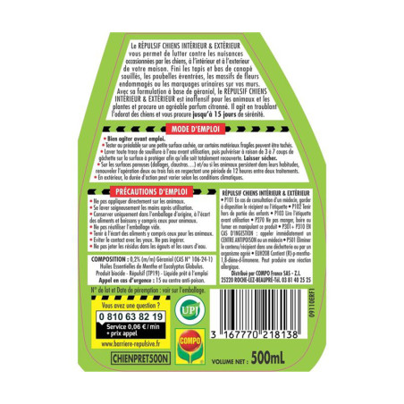 Pulvérisateur répulsif chiens intérieur & extérieur 500ml