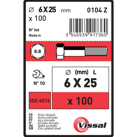 Boite 100 corps de boulon tête hexagonale 6 X 25mm classe 8.8 zingué - Vissal