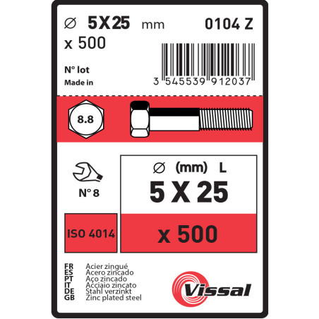 Boite 500 corps de boulon tête hexagonale 5 X 25mm classe 8.8 zingué - Vissal