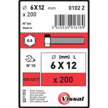 Boite 200 vis 6 X 12mm tête hexagonale classe 8.8 zingué - Vissal