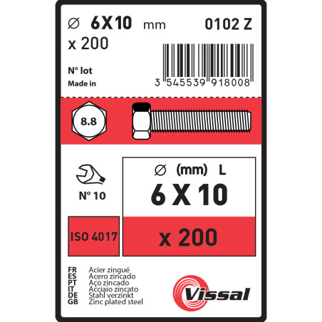 Boite 200 vis 6 X 10mm tête hexagonale classe 8.8 zingué - Vissal