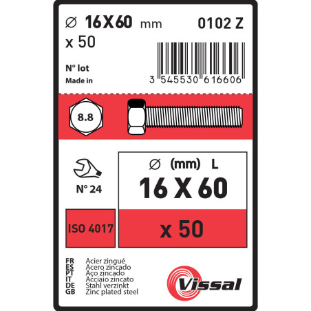 Boite 50 vis 16 X 60mm tête hexagonale classe 8.8 zingué - Vissal