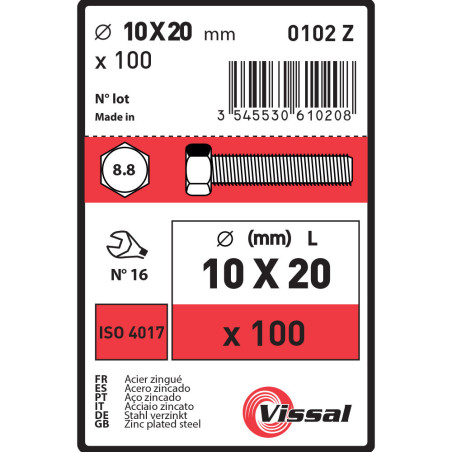 Boite 100 vis 10 X 20mm tête hexagonale classe 8.8 zingué - Vissal