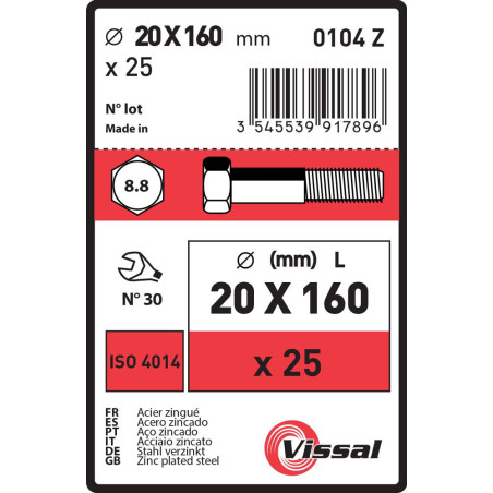 Boite 25 corps de boulon 20 X 160mm tête hexagonale classe 8.8 zingué - Vissal