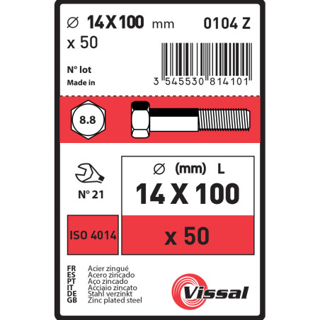 Boite 50 corps de boulon 14 X 100mm tête hexagonale classe 8.8 zingué - Vissal
