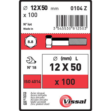 Boite 100 corps de boulon 12 X 50mm tête hexagonale classe 8.8 zingué - Vissal