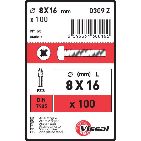 Boite 100 vis à métaux 8 X 16mm tête cylindrique bombée zingué - Vissal