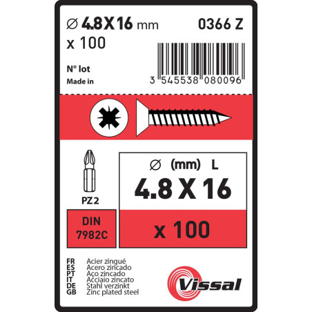 Boite 100 vis tôle 4,8 x 16mm tête fraisée zingué - Vissal