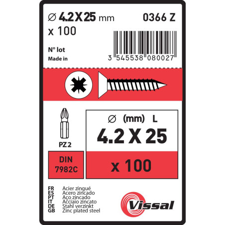 Boite 100 vis tôle 4,2 x 25mm tête fraisée zingué - Vissal