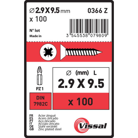 Boite 100 vis tôle 2,9 x 9,5mm tête fraisée zingué - Vissal