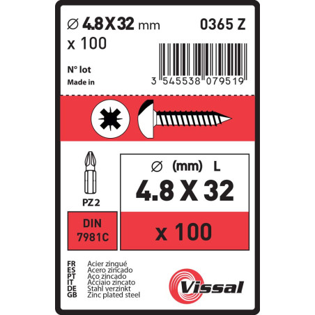 Boite 100 vis tôle 4,8 x 32mm tête cylindrique bombée zingué - Vissal