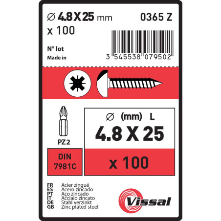 Boite 100 vis tôle 4,8 x 25mm tête cylindrique bombée zingué - Vissal