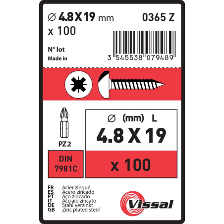 Boite 100 vis tôle 4,8 x 19mm tête cylindrique bombée zingué - Vissal