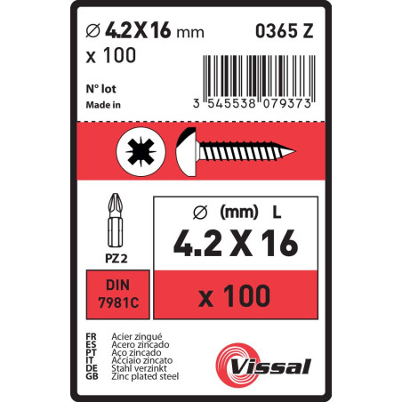 Boite 100 vis tôle 4,2 x 16mm tête cylindrique bombée zingué - Vissal