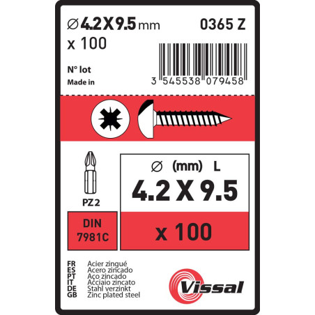 Boite 100 vis tôle 4,2 x 9,5mm tête cylindrique bombée zingué - Vissal