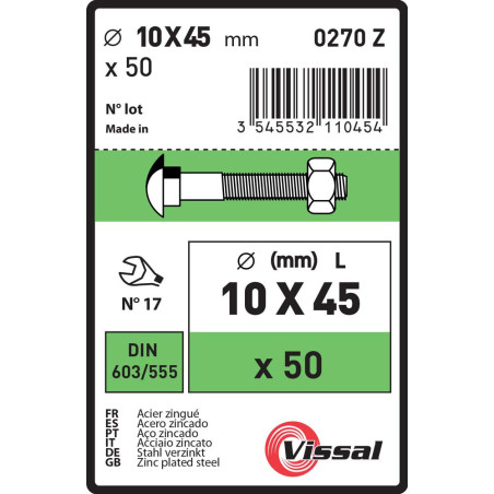 Boite 50 boulons TRCC 10 x 45mm zingué - Vissal