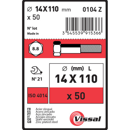 Boite 50 corps de boulon 14 X 110mm tête hexagonale classe 8.8 zingué - Vissal