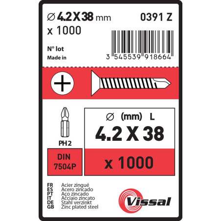 Boite 1000 vis autoperceuses 4,2 X 38mm tête fraisée zingué - Vissal