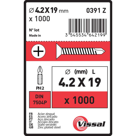 Boite 1000 vis autoperceuses 4,2 X 19mm tête fraisée zingué - Vissal