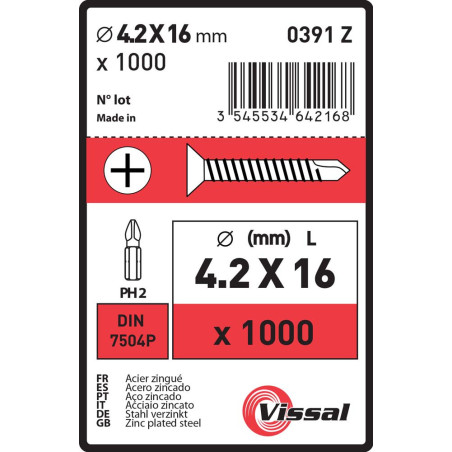 Boite 1000 vis autoperceuses 4,2 X 16mm tête fraisée zingué - Vissal