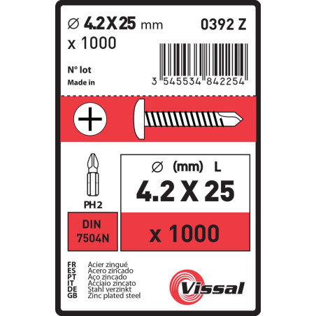 Boite 1000 vis autoperceuses 4,2 X 25mm tête cylindrique zingué - Vissal