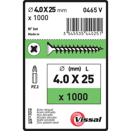 Boite 1000 vis agglo 4 X 25mm tête fraisée pozidriv filetage complet zingué - Vissal