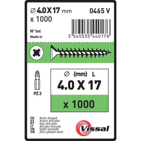 Boite 1000 vis agglo 4 X 17mm tête fraisée pozidriv filetage complet zingué - Vissal