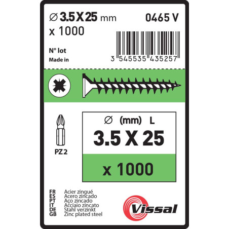 Boite 1000 vis agglo 3,5 X 25mm tête fraisée pozidriv filetage complet zingué - Vissal