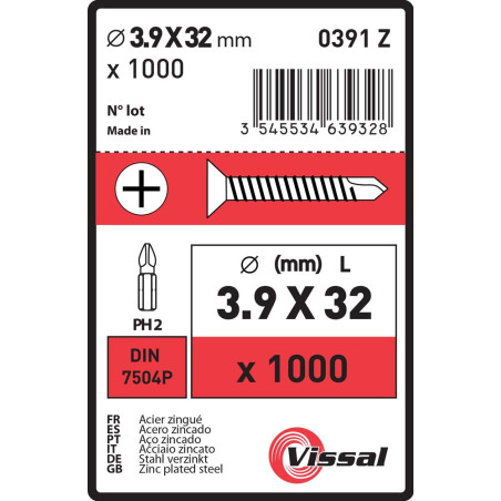 Boite 1000 vis autoperceuses 3,9 X 32mm tête fraisée zingué - Vissal