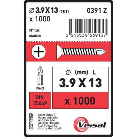 Boite 1000 vis autoperceuses 3,9 X 13mm tête fraisée zingué - Vissal