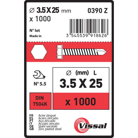 Boite 1000 vis autoperceuses 3,5 X 25mm tête hexagonale zingué - Vissal