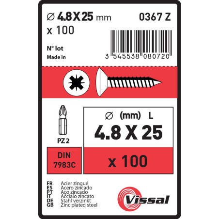 Boite 100 vis tôle 4,8 x 25mm tête fraisée bombée zingué - Vissal