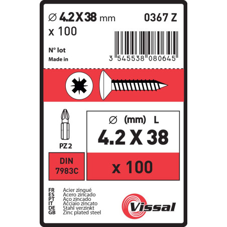 Boite 100 vis tôle 4,2 x 38mm tête fraisée bombée zingué - Vissal