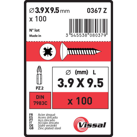 Boite 100 vis tôle 3,9 x 9,5mm tête fraisée bombée zingué - Vissal