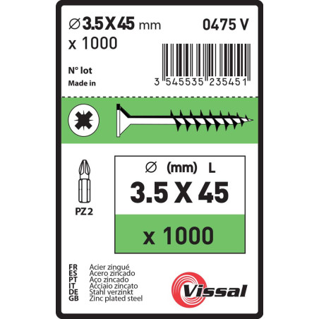 Boite 1000 vis agglo 3,5 X 45mm tête fraisée pozidriv filetage partiel zingué - Vissal