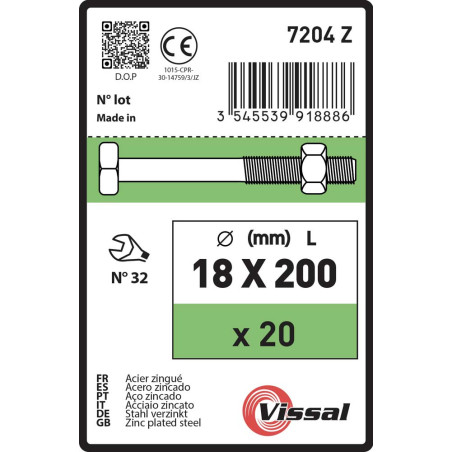 Boite 20 boulons de charpente tête carrée 18 x 200mm zingué - Vissal