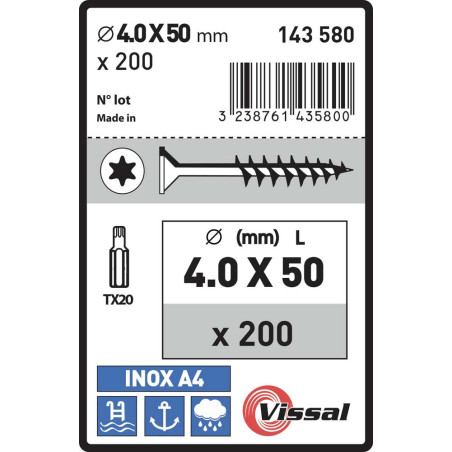 Boite 200 vis agglo 4 x 50mm tête fraisée Torx filetage partiel inox A4 - Vissal