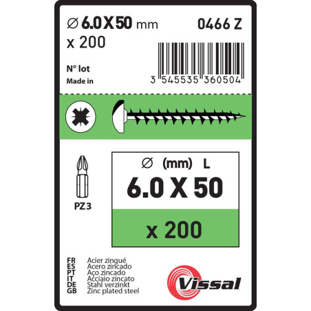 Boite 200 vis agglo 6 X 50mm tête ronde pozidriv zingué - Vissal