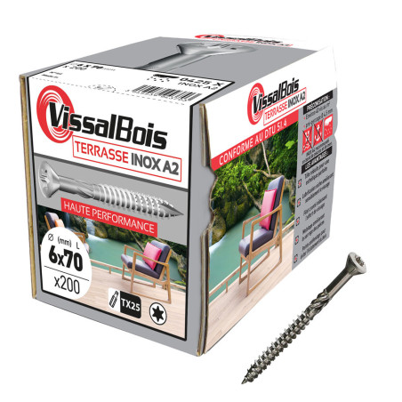 Boite 200 vis terrasse 6 x 70mm tête réduite torx inox A2 - Vissal