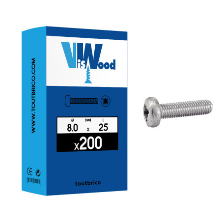 Boite 200 vis à métaux 8 X 25mm tête cylindrique bombée zingué - Viswood