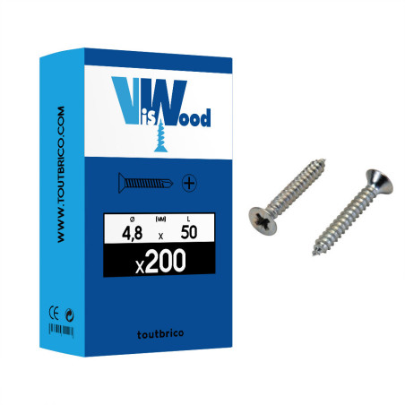 Boite 200 vis tôle 4,8 x 50mm tête fraisée zingué - Viswood