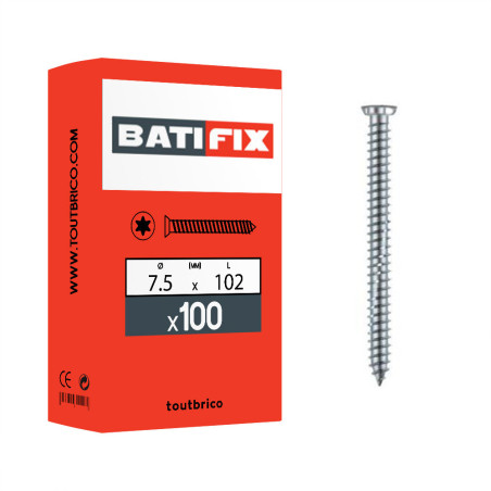 Boite 100 vis béton tête fraisée torx 7,5 x 102mm zingué - Batifix