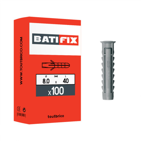 Boite 100 chevilles matériaux pleins 8 x 40mm nylon - Batifix