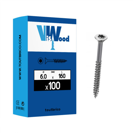 Boite 100 vis agglo 6 X 160mm tête fraisée torx filetage partiel zingué - Vissal