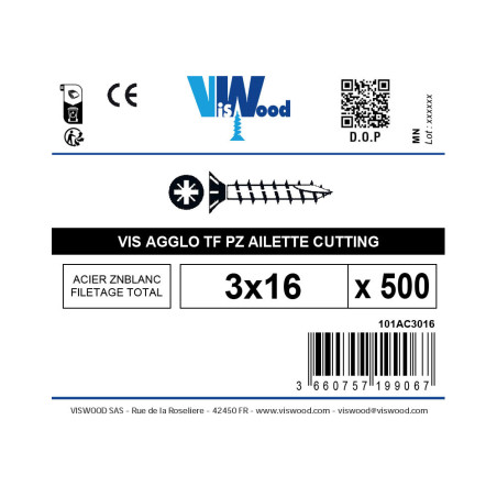 Boite 500 vis agglo anti-fendage 3 x 16mm tête fraisée Pozidriv filetage complet - Viswood