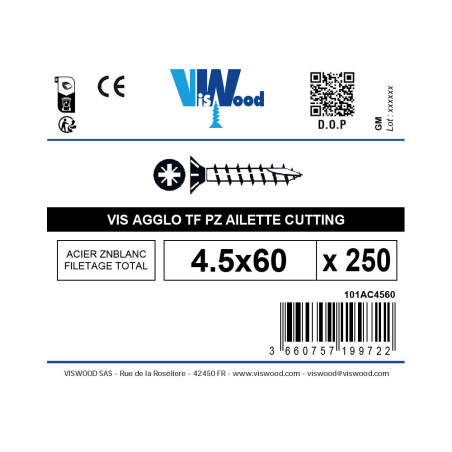 Boite 250 vis agglo anti fendage 4,5 X 60mm tête fraisée Pozidriv filetage complet zingué - Viswood