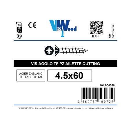 Vis agglo anti fendage 4,5 X 60mm tête fraisée Pozidriv filetage complet zingué à l'unité - Viswood